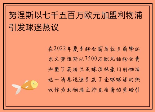 努涅斯以七千五百万欧元加盟利物浦引发球迷热议
